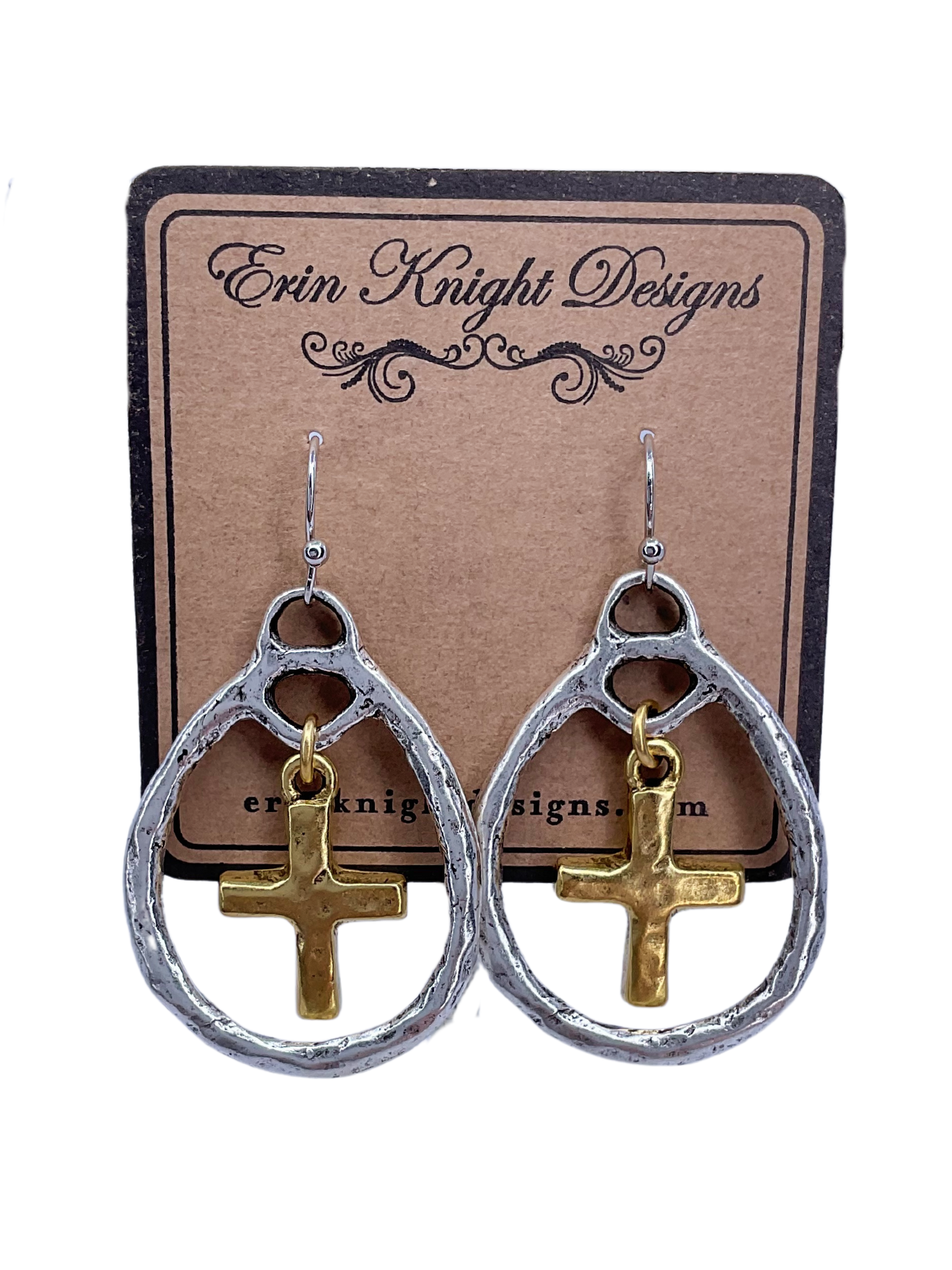 Mixed Metal Cross Teardop Earrings