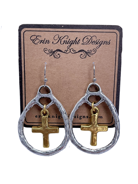 Mixed Metal Cross Teardop Earrings