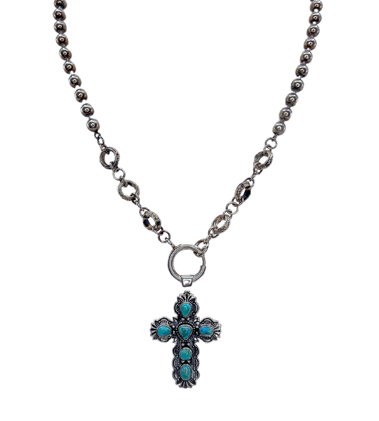 Vintage Sterling Silver and Turquoise Cross Necklace