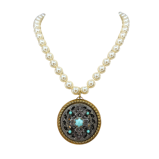 Vintage Circle Turquoise Pendant Pearl Necklace