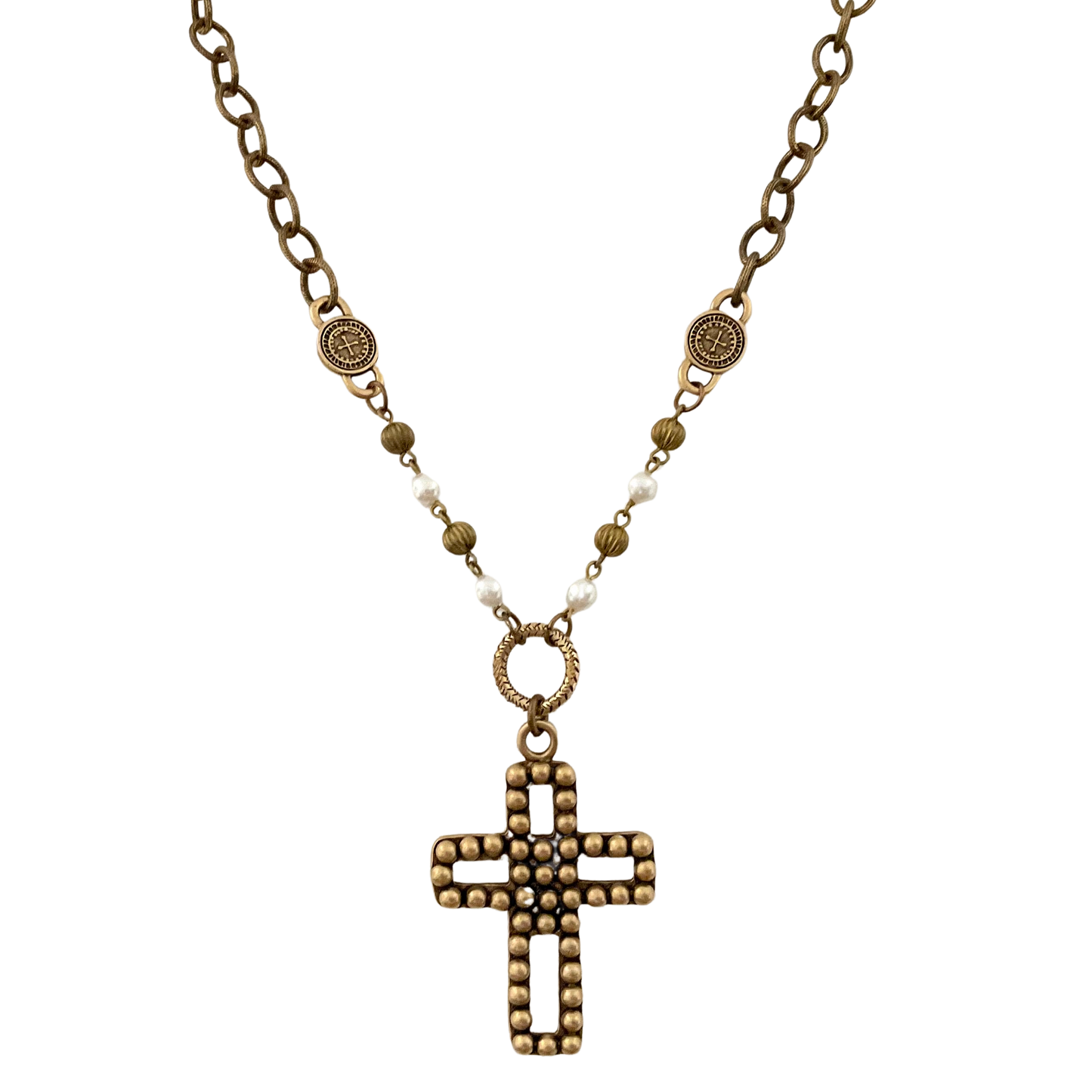 Antique Brass Chain with Vintage Cross Pendant 38"
