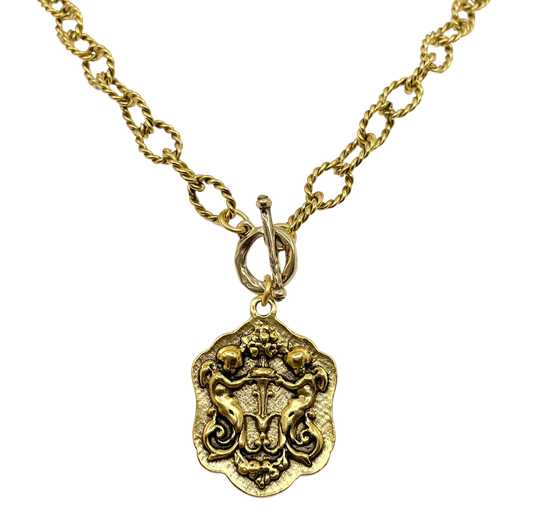 Vintage Gold 18" Chain and Toggle with Gold Reproduction Angel Pendant