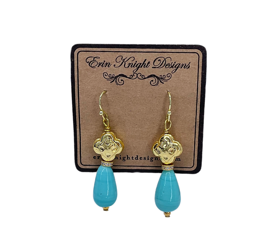 Vintage Clover and Turquoise Glass Drop Earrings