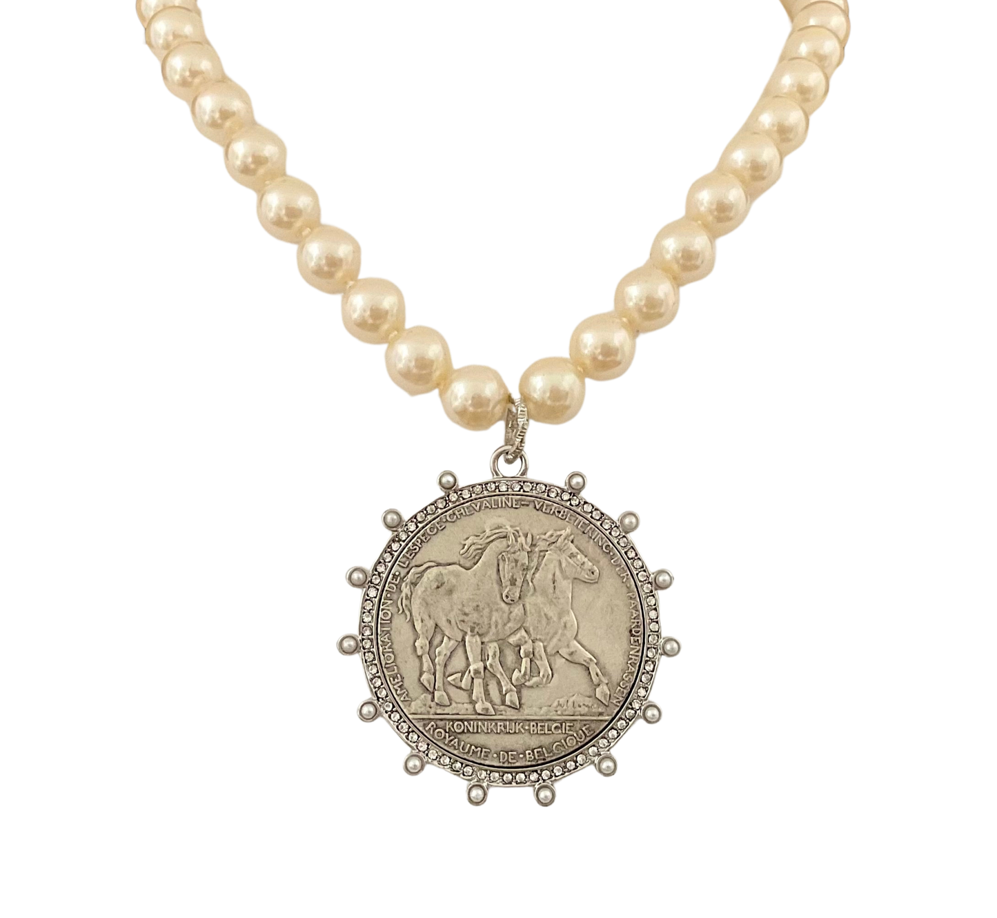 Vintage Pearls with Silver Horse Coin Pendant 18"