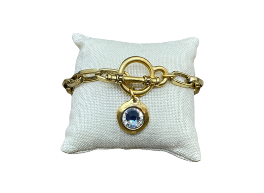 Gold Plated Chain and Toggle Bracelet with Swarovski Crystal Charm 7.5"