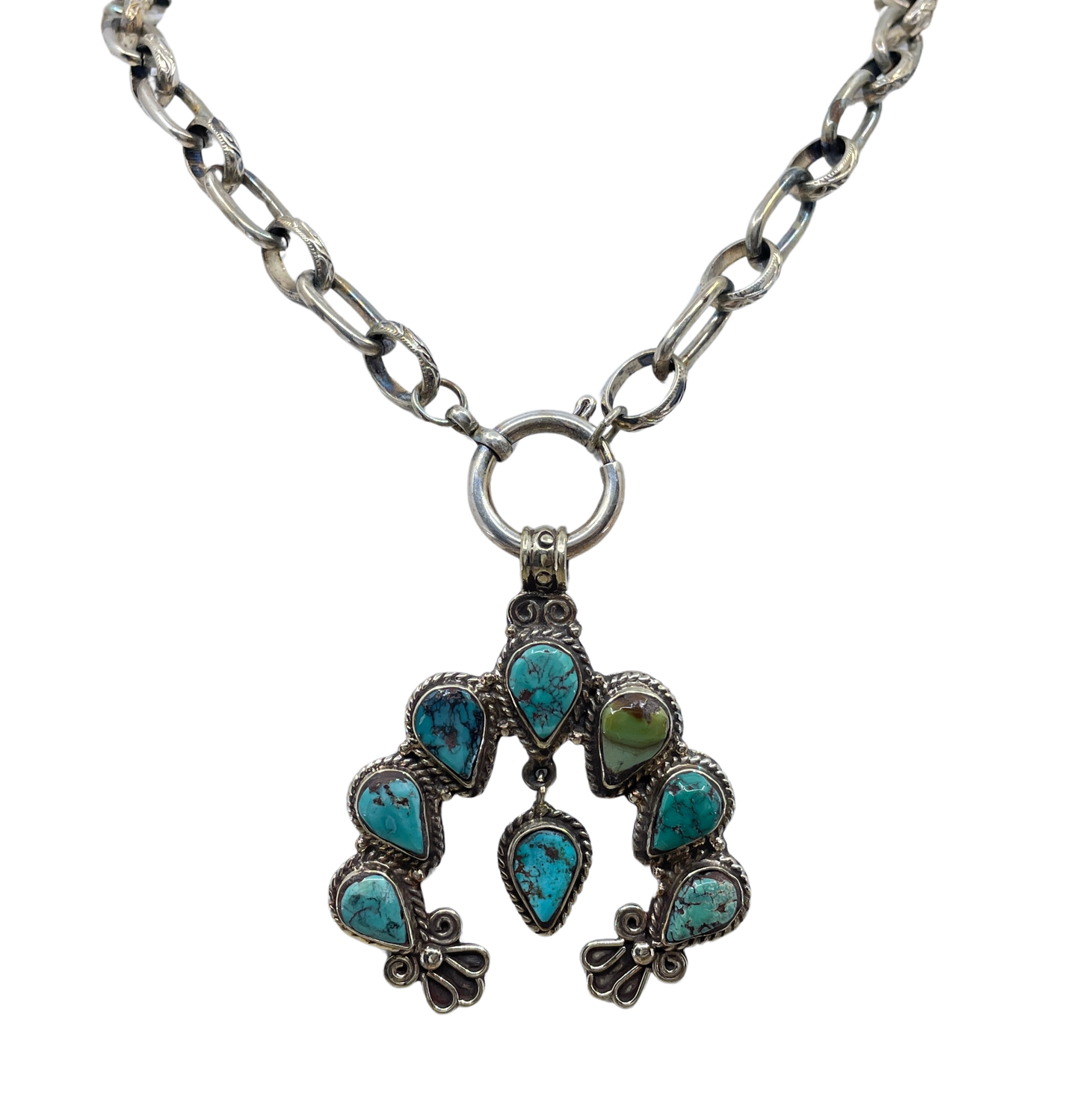 Vintage Turquoise Squash Blossom Pendant Necklace