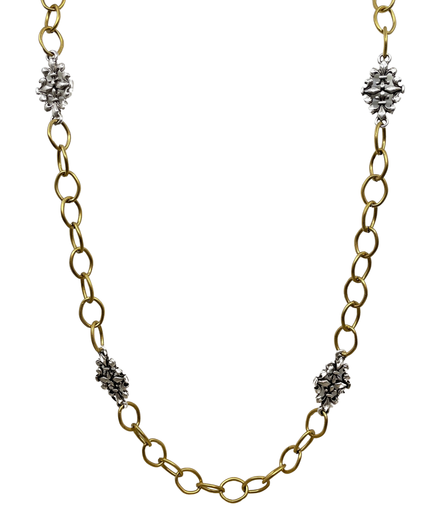 Mixed Metal Sterling & Gold Plated 36" Chain with Vintage Reproduction Fleur De Lis Accents
