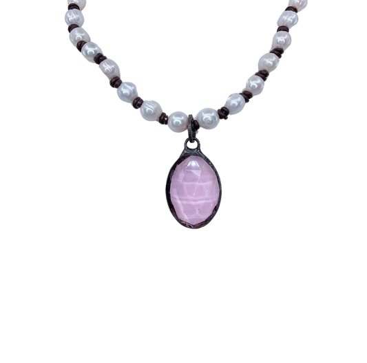 Pink Glass and Pearl Necklace