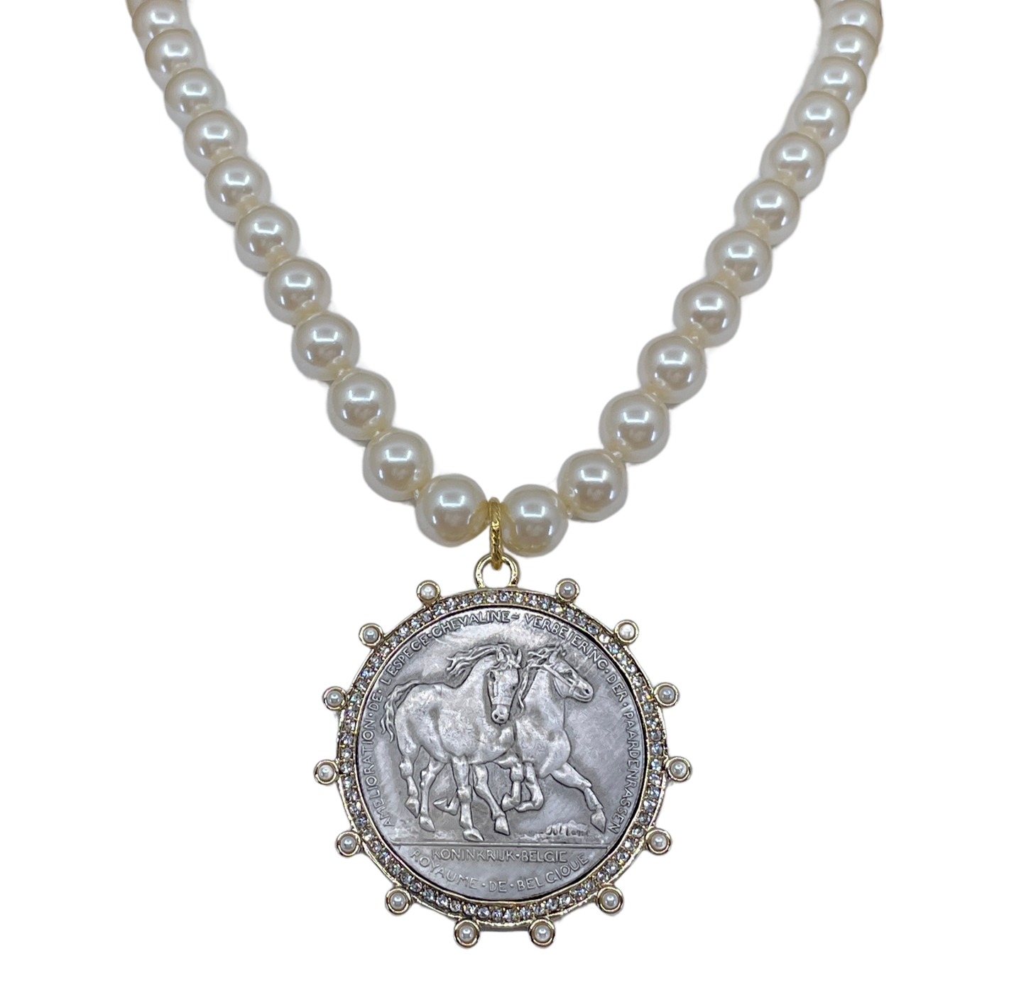 Vintage Pearls with Silver Horse Coin Pendant 18"