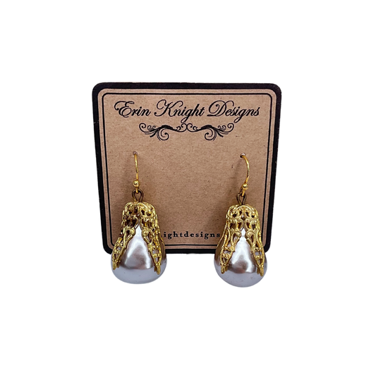 Vintage Faux Pearl Filigree Capped Earrings