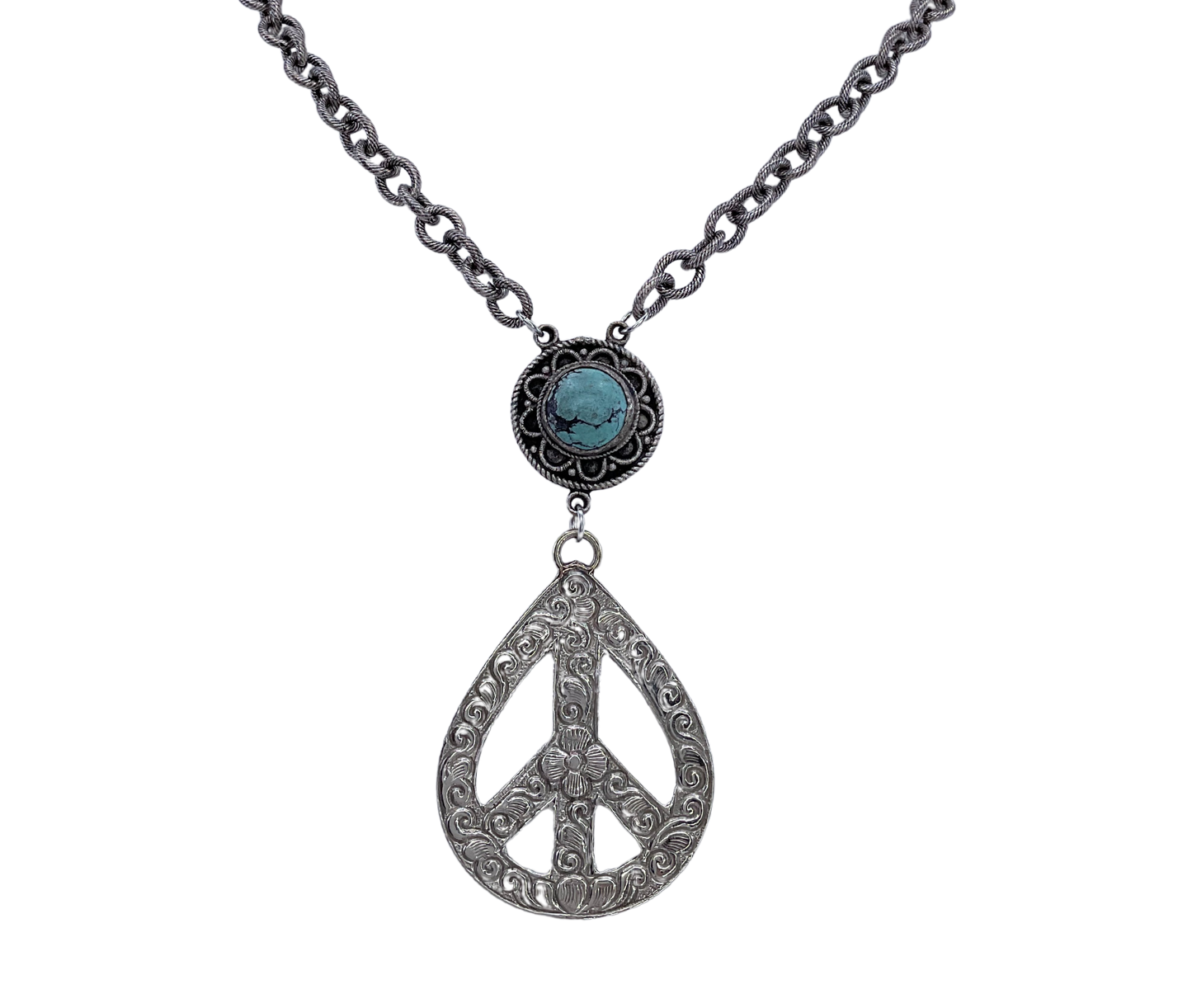 Vintage sterling Plated Turquoise and Peace Sign Necklace