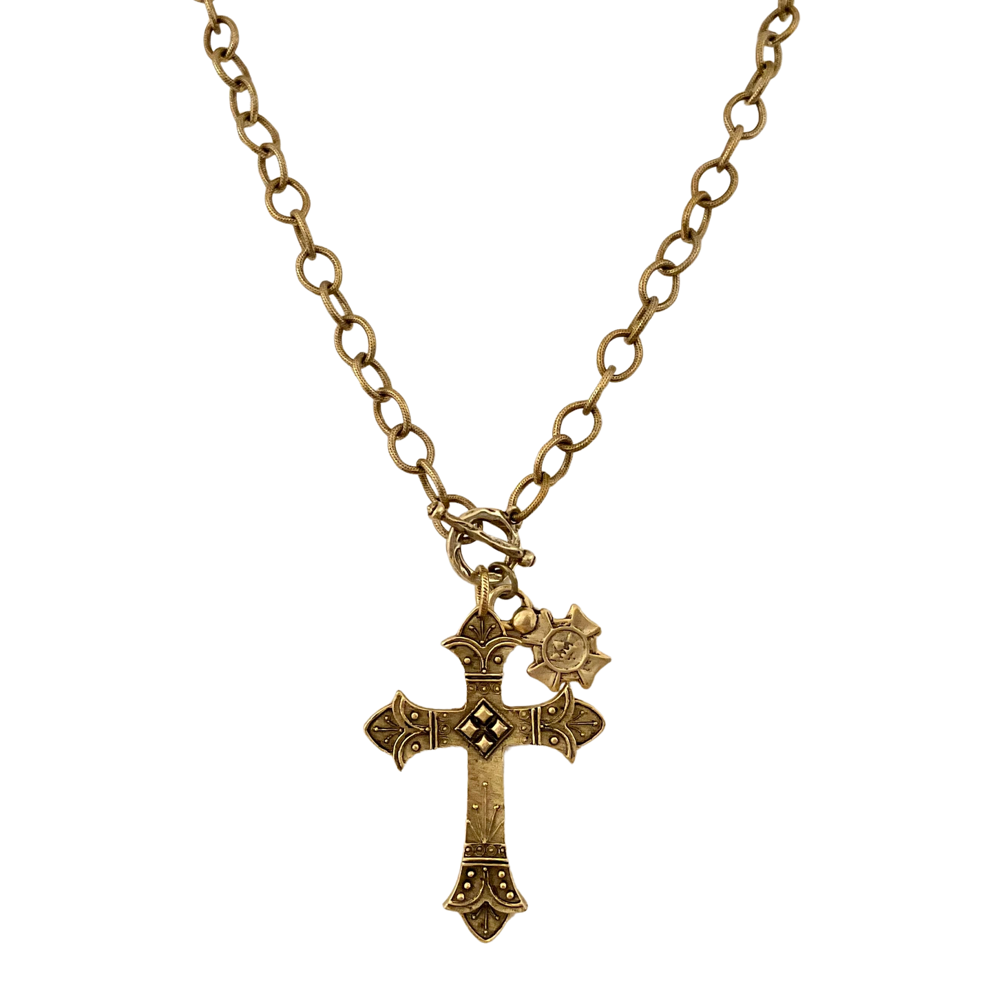 Vintage Gold Plated Necklace with Cross & Religious Medallion 30"