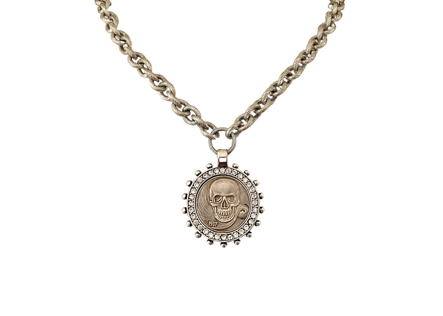 Vintage Silver 18" Chain with Skull Coin