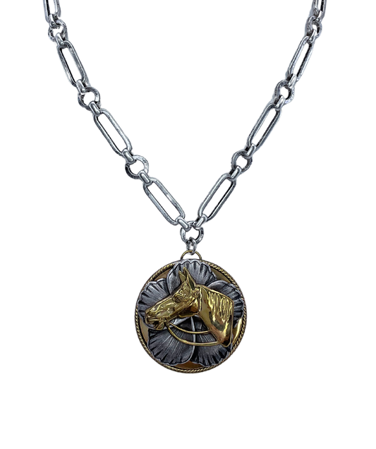 Brass Horse on Sterling Plated Magnolia Necklace