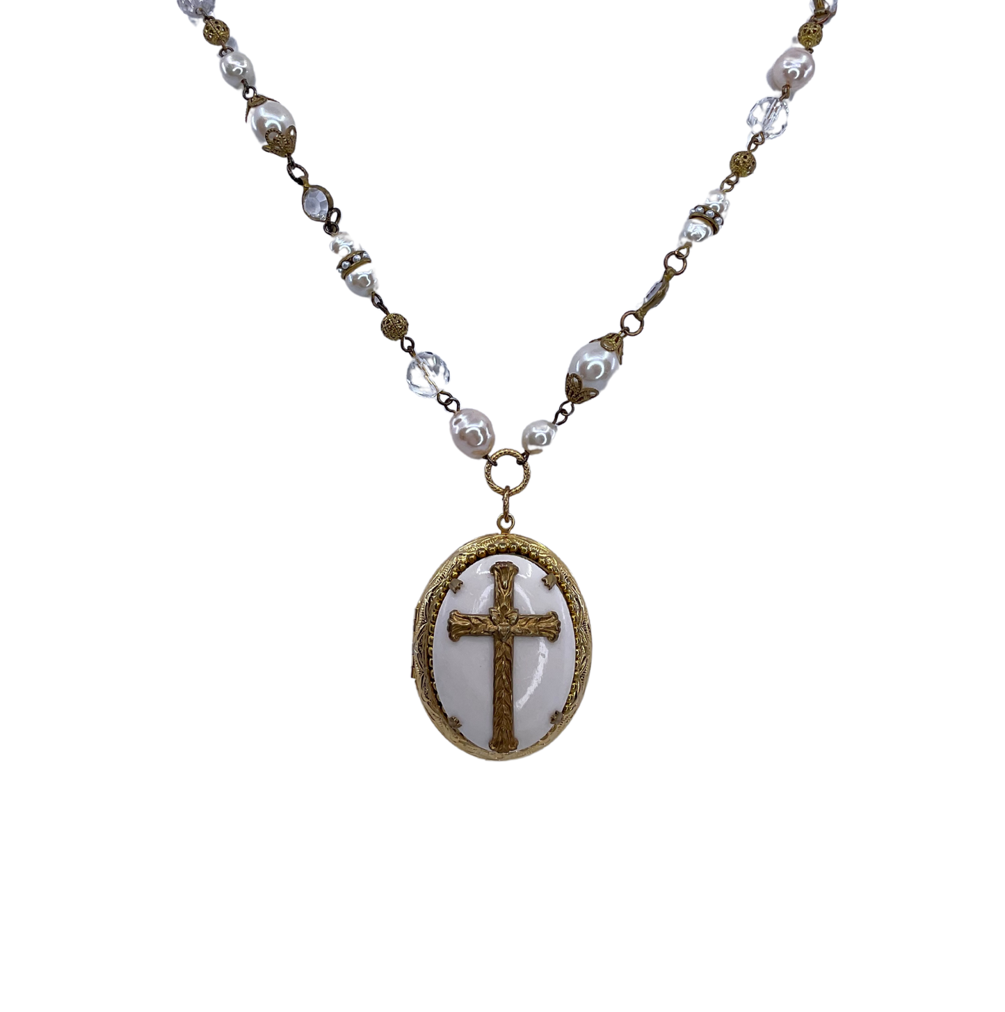 Pearl Rosary Cross Necklace