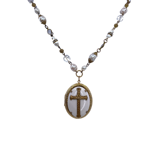 Pearl Rosary Cross Necklace