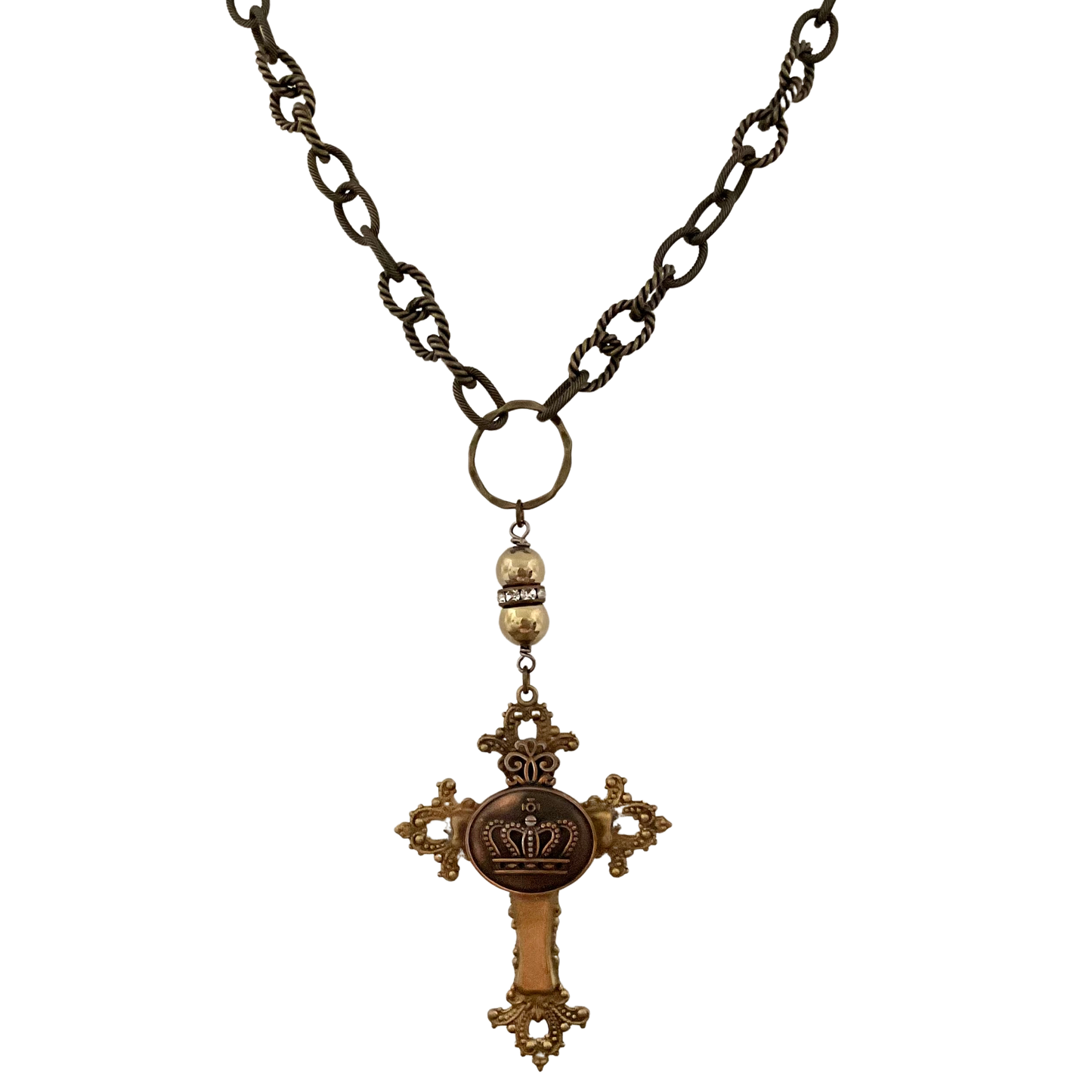 Antique Brass Chain with Religious Medallion & Cross 34"