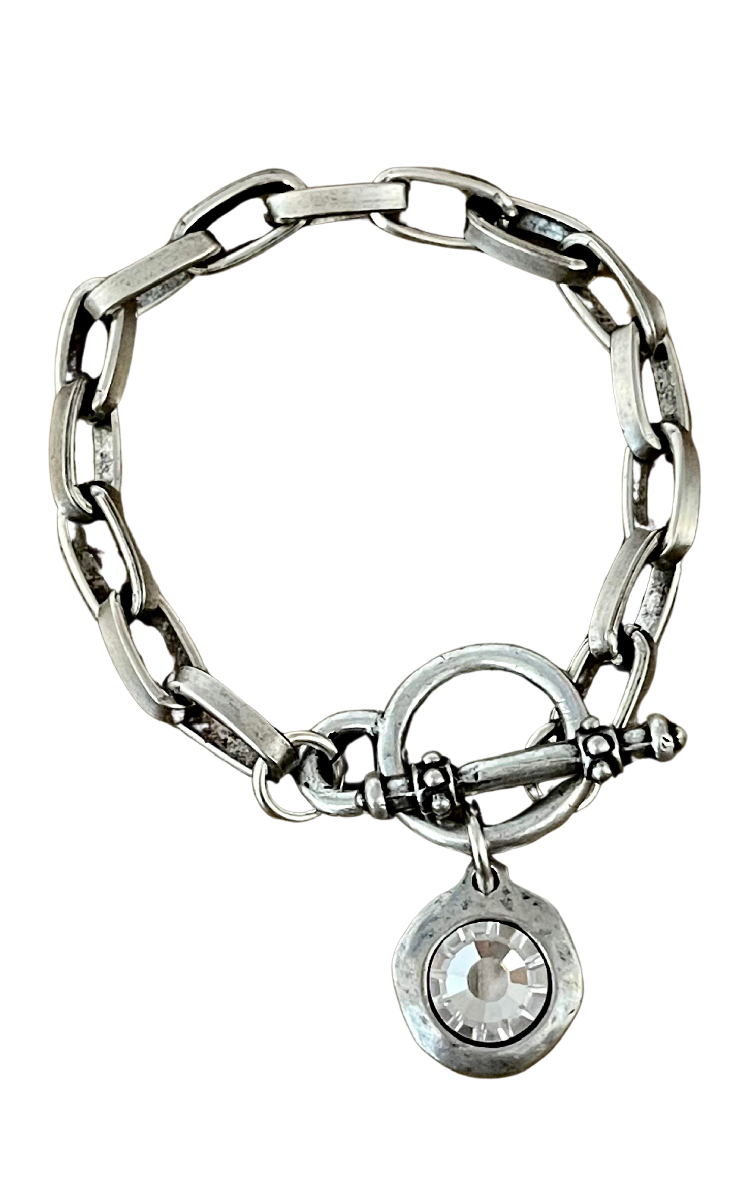 Sterling Plated Chain and Toggle Bracelet with Swarovski Crystal Charm 7.5"