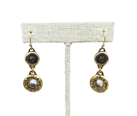 Gold Plated Double Swarovski Black Diamond and Clear Crystal Earrings