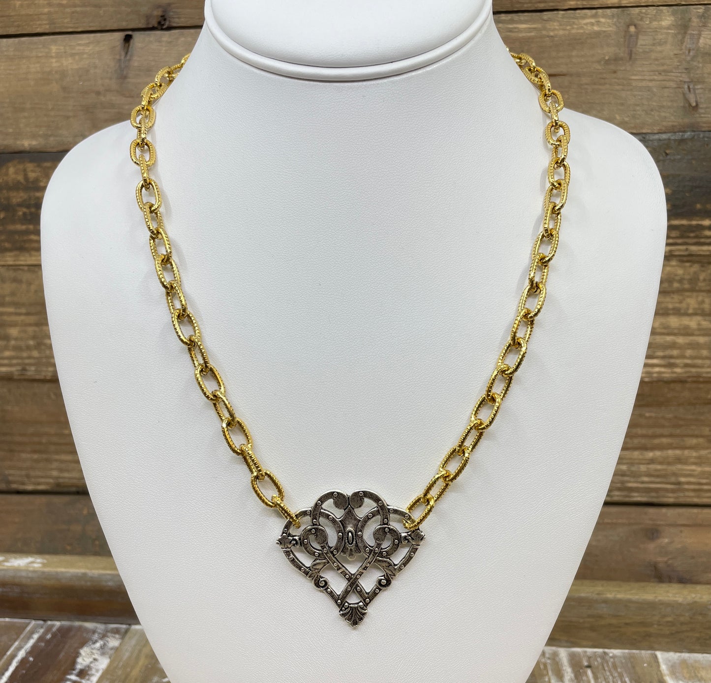 Mixed Metal Sterling and Gold Plated 18" Chain with Vintage Reproduction Scroll Heart