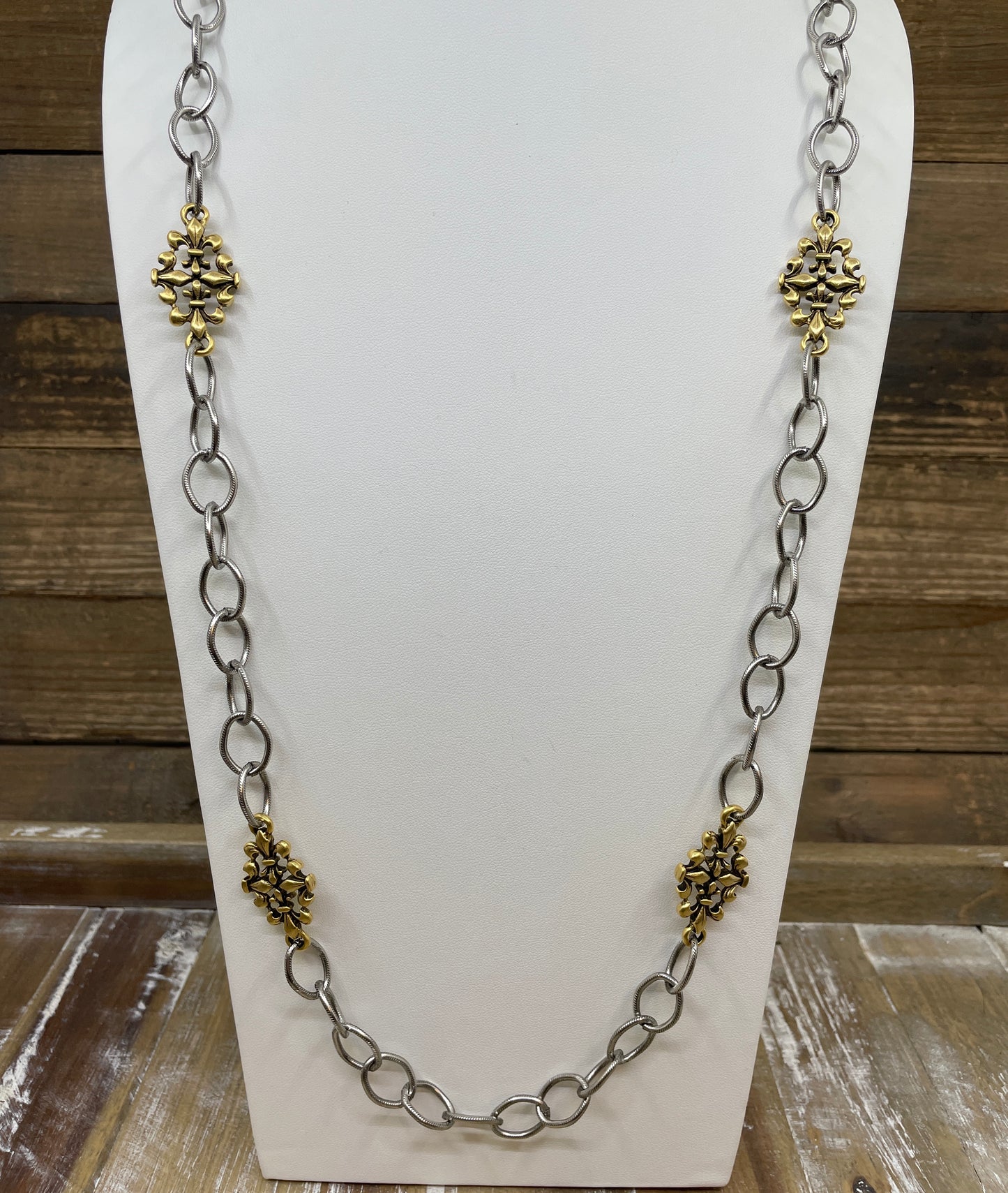 Mixed Metal Sterling & Gold Plated 36" Chain with Vintage Reproduction Fleur De Lis Accents