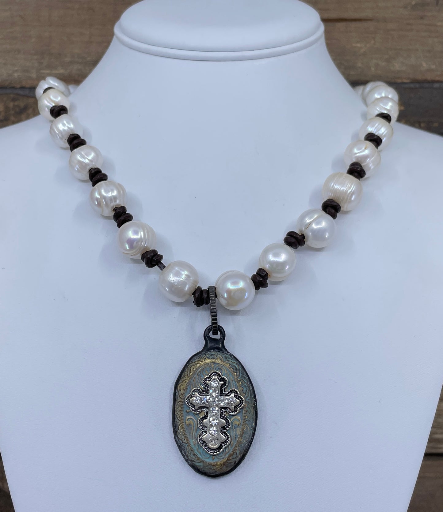 Vintage Rhinestone Pendant On Leather & Pearl Necklace