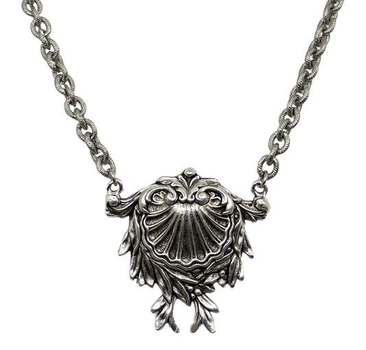 Sterling Plated 18" Chain with Vintage Victorian Shell Brooch