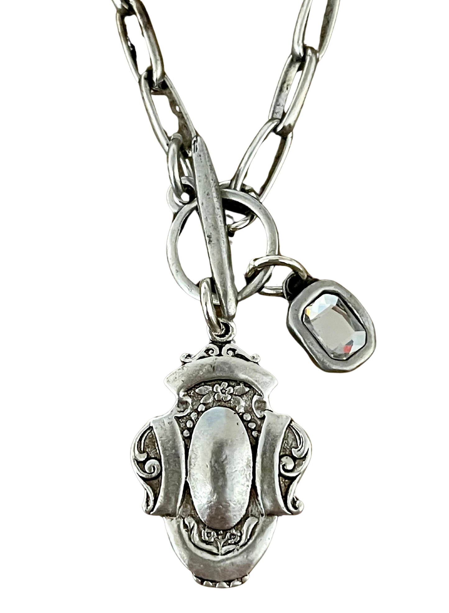 Sterling Plated 18" Chain with Reproduction Watch Fob Pendant and Swarovski Crystal