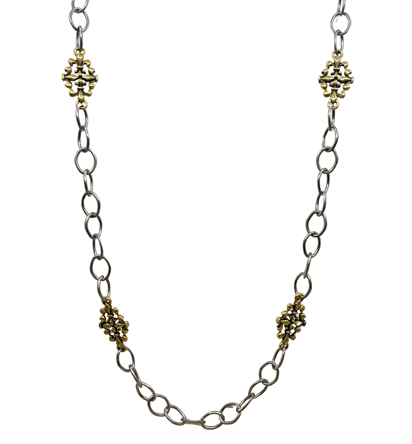 Mixed Metal Sterling & Gold Plated 36" Chain with Vintage Reproduction Fleur De Lis Accents