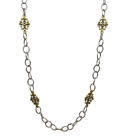 Mixed Metal Sterling & Gold Plated 36" Chain with Vintage Reproduction Fleur De Lis Accents