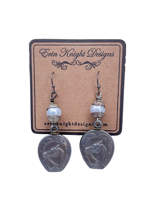 Vintage Horse Fob and Faux Pearl Earrings