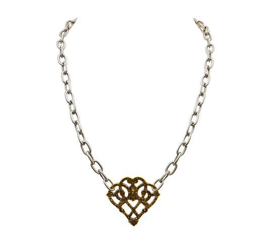 Mixed Metal Sterling and Gold Plated 18" Chain with Vintage Reproduction Scroll Heart