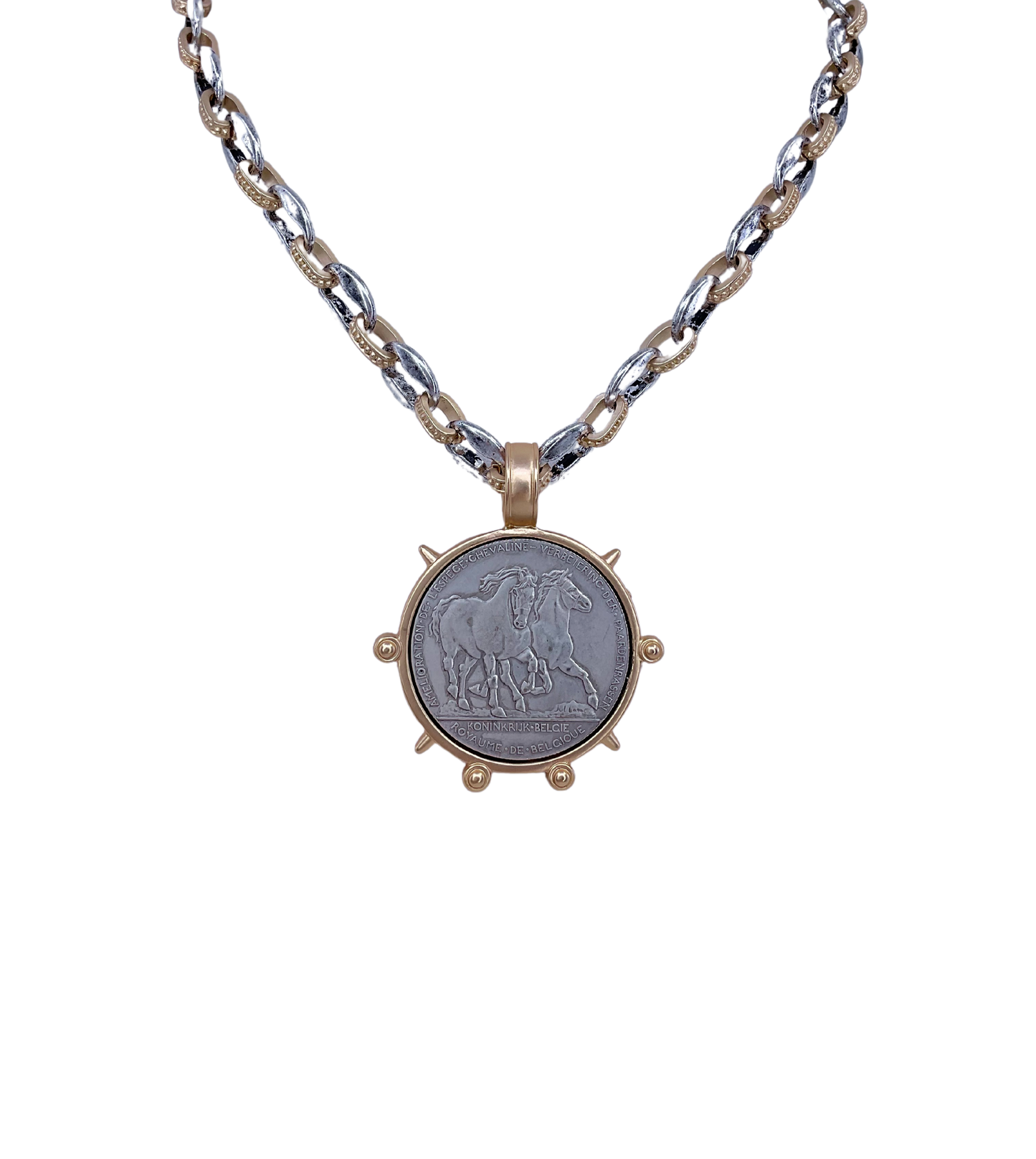 Mixed Metal Gold Plated Silver Horse Coin Necklace