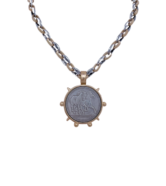 Mixed Metal Gold Plated Silver Horse Coin Necklace