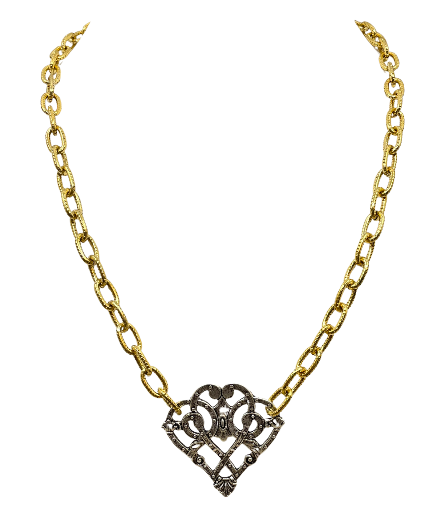 Mixed Metal Sterling and Gold Plated 18" Chain with Vintage Reproduction Scroll Heart