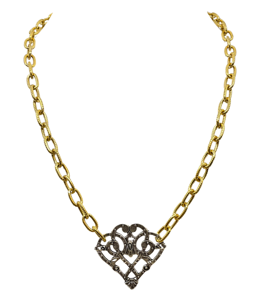 Mixed Metal Sterling and Gold Plated 18" Chain with Vintage Reproduction Scroll Heart