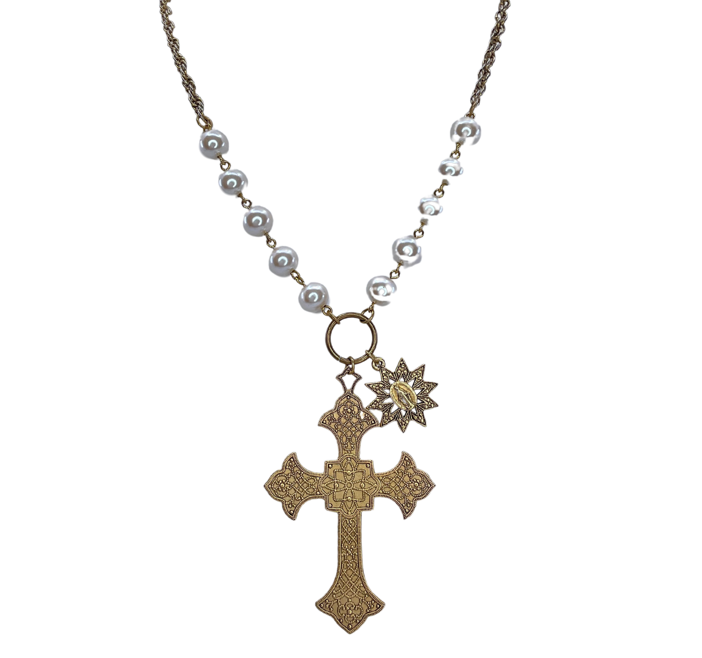 Vintage Gold Plated Cross and Chain with Vintage Pearls