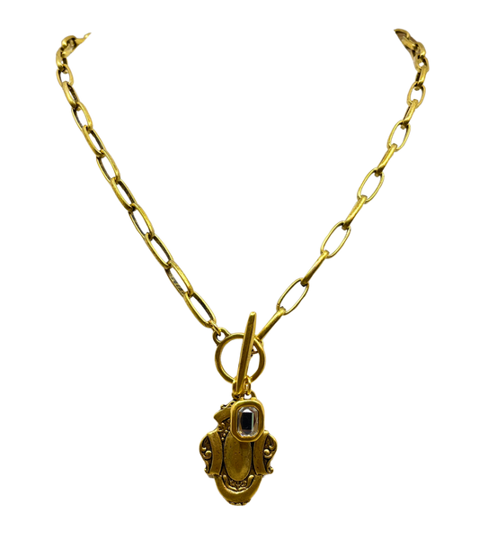 Gold Plated 18" Chain with Reproduction Watch Fob Pendant and Swarovski Crystal