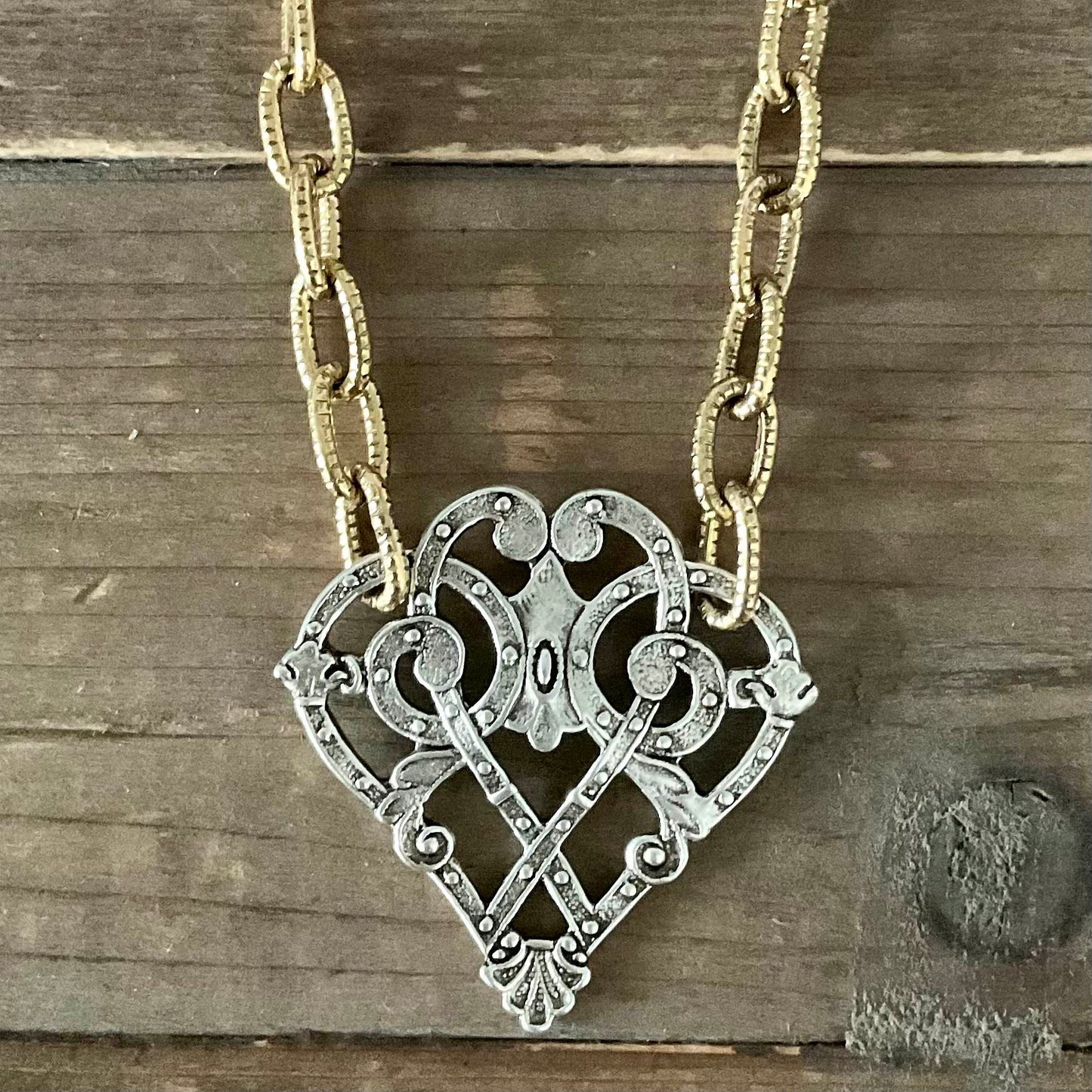 Mixed Metal Sterling and Gold Plated 18" Chain with Vintage Reproduction Scroll Heart