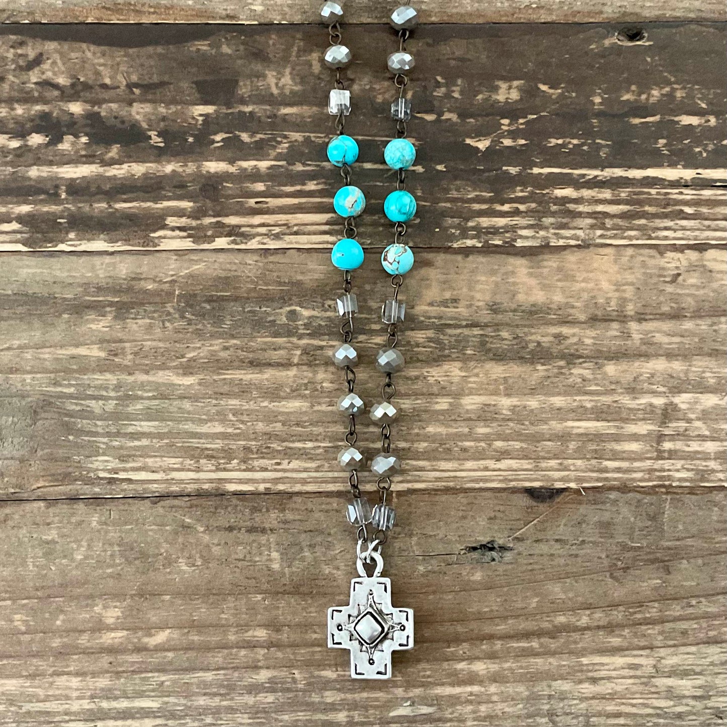 Southwest Cross with Vintage Jasper & Crystal Rosary Chain 18"