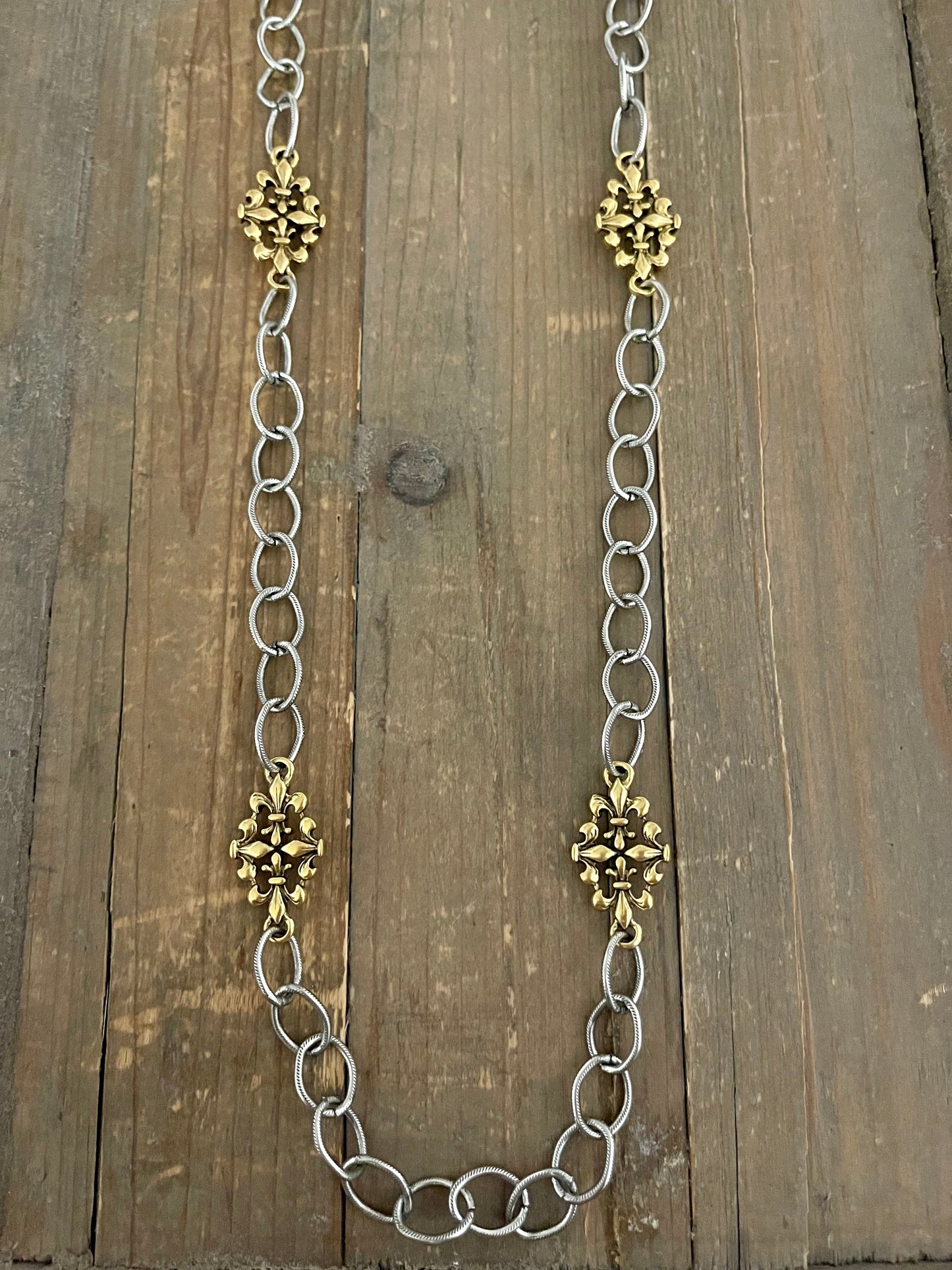 Mixed Metal Sterling & Gold Plated 36" Chain with Vintage Reproduction Fleur De Lis Accents