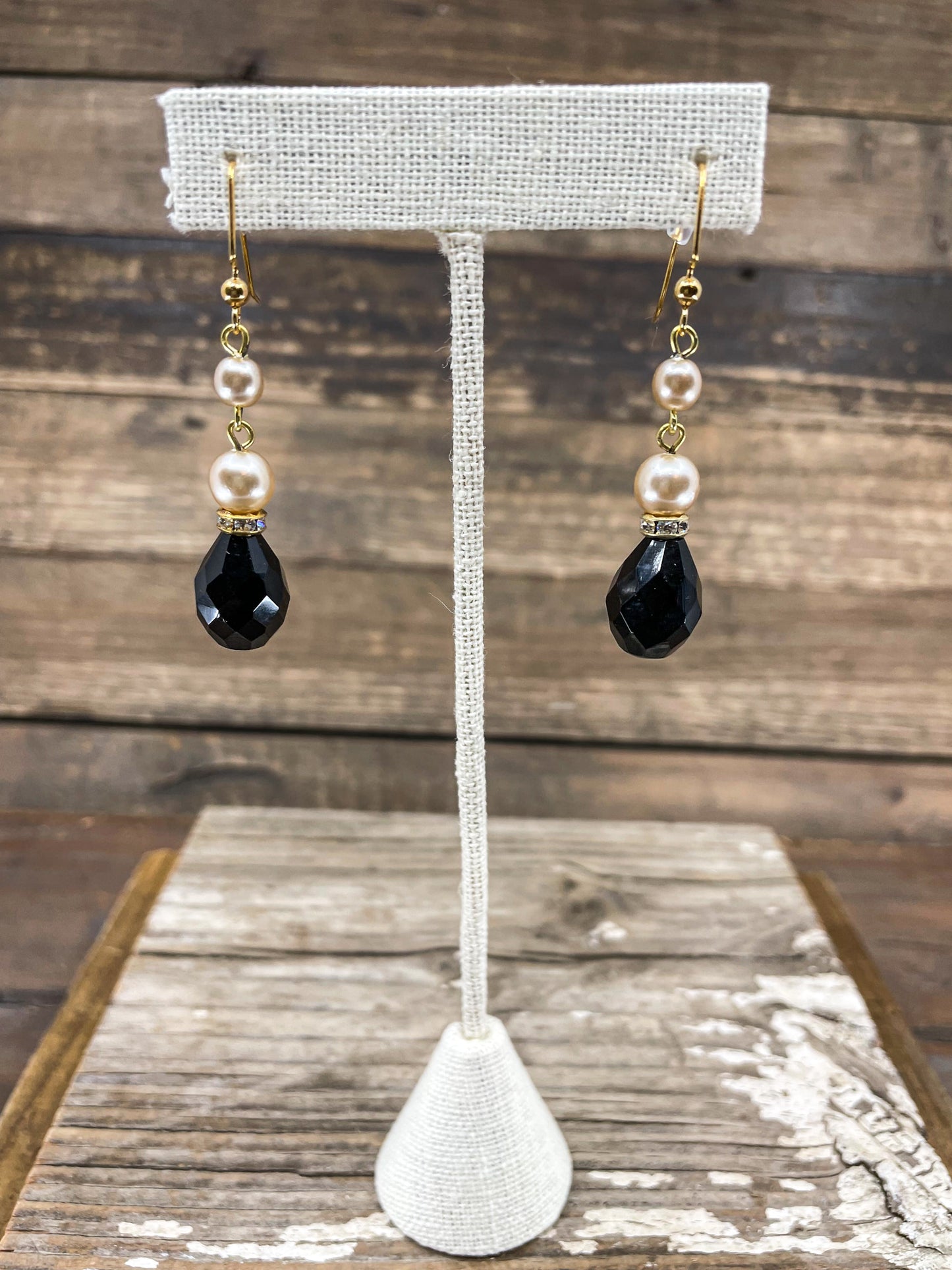 Pearl & Black Rhinestone Drop Earrings