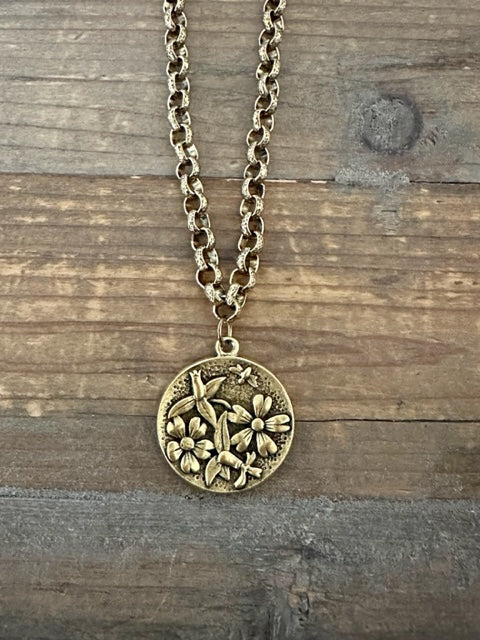 Gold Plated 18" Chain with Gold Plated Flower Bee Pendant